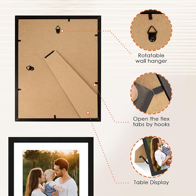 FIXSMITH 8x10 Picture Frame Set of 2, Photo Frame with HD Plexiglass, Display Pictures 5x7 with Mat or 8x10 Without Mat Multi Picture Frames Collage for Tabletop or Wall Display, Black