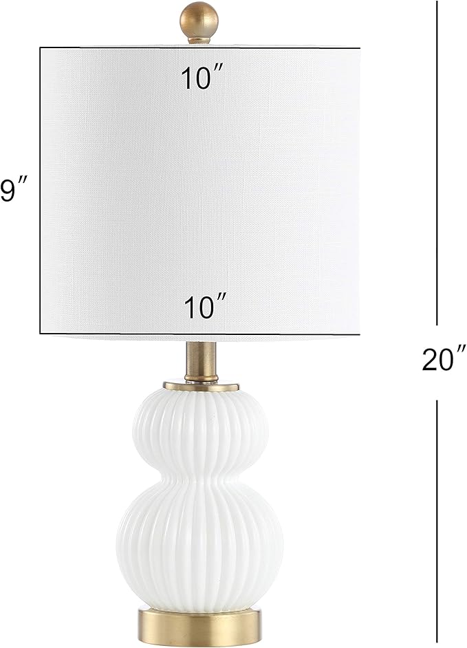 JONATHAN Y 20" White/Brass Gold Ribbed Gourd Glass Table Lamp, Modern Bedside Lamp for Bedroom Living Room, White Linen Drum Shade, LED Bulb Included JYL1099A