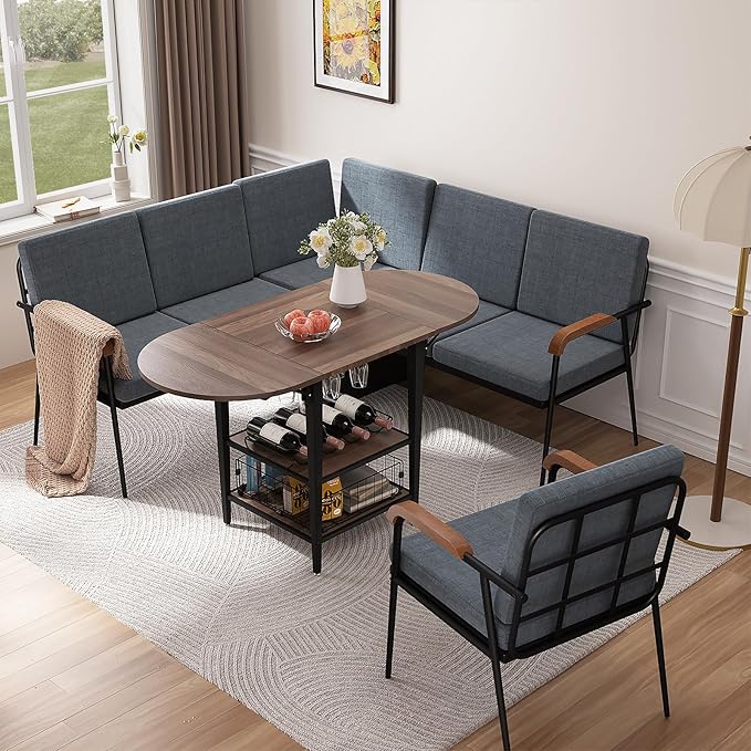 VFK Corner Dining Table Set with Storage Bench, 51” Folding Breakfast Nook Table and Stools, 3 Piece Kitchen Booth Dining Set for Small Space, Modern Dining Room Furniture