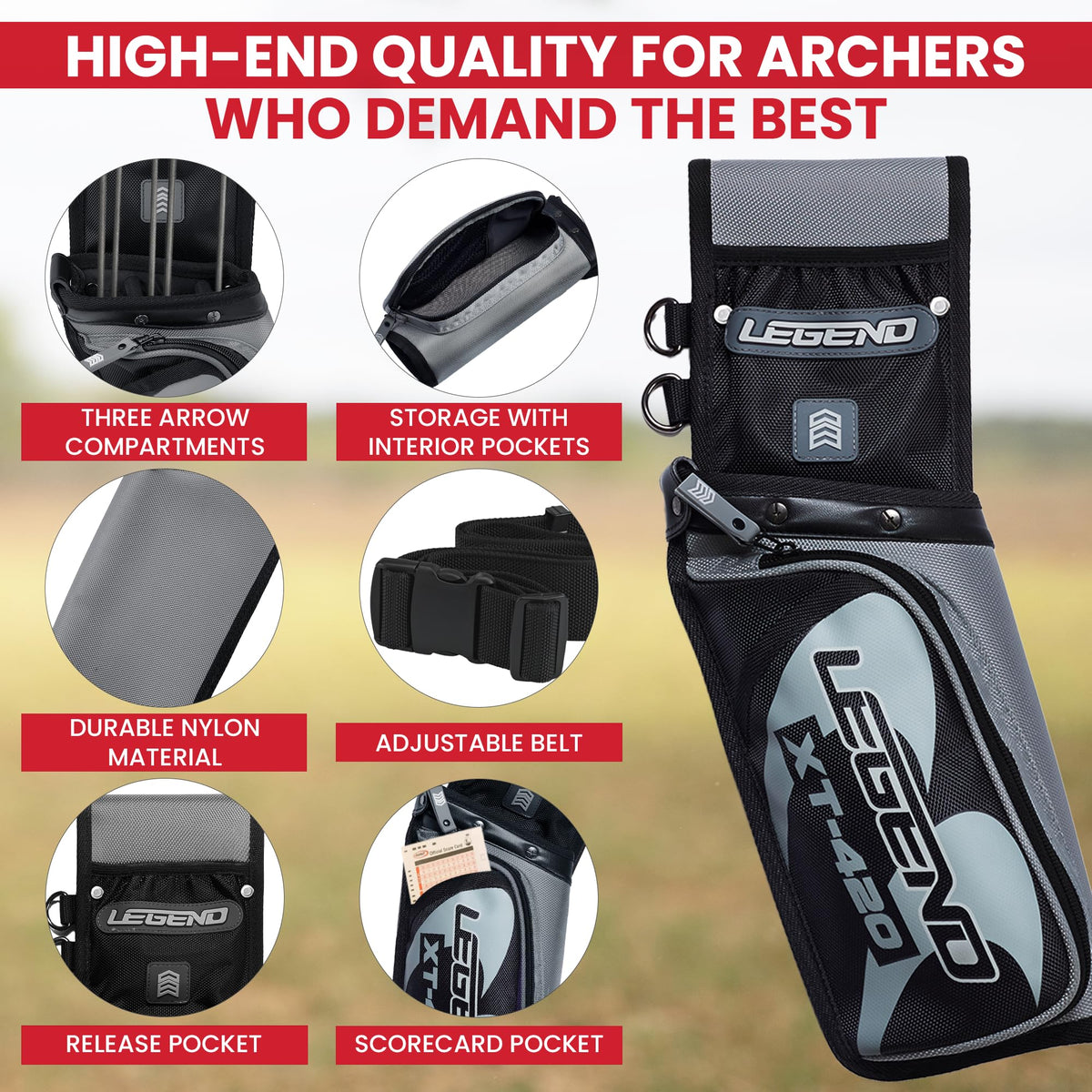 Legend XT420 Arrow Quiver - Quiver Arrow Holder, Archery Quiver with 3 Arrow Tube, Durable Nylon Hip Quivers with Multiple Pockets for Archery Accessories, Score Card & Tools - Right Handed, Grey
