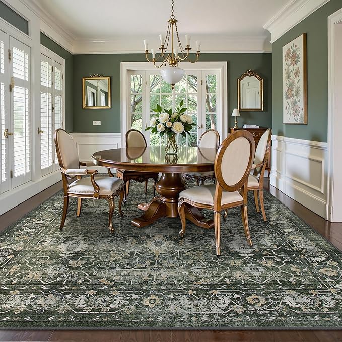 Lahome Boho Green Area Rugs 9x12 Living Room,Washable Large Rugs for Bedroom Aesthetic,Vintage Distressed Non Slip Low Pile Dining Room Rug Carpet for Home Office Playroom(9'x12',Green)