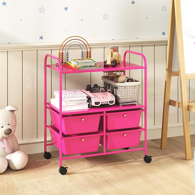 COSTWAY 4-Drawer Storage Cart, Mobile Storage Organizer w/Steel Frame & 360° Wheels, 4-Drawer Utility Cart for Living Room, Kitchen, Bathroom & Office, Hot Pink