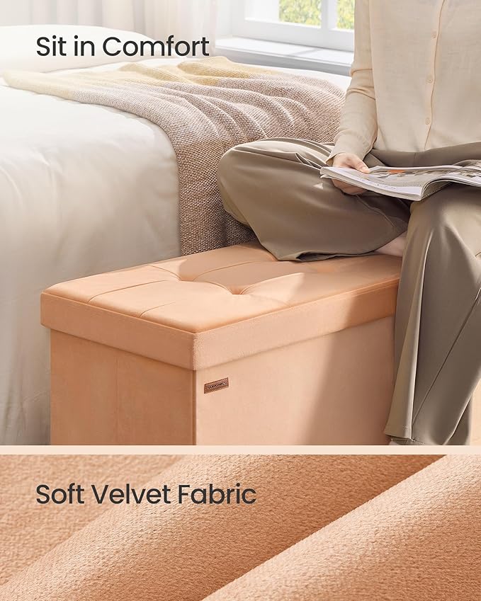 SONGMICS Mazie Collection - Storage Ottoman Bench, Foldable Foot Rest, 15 x 43 x 15 Inches, End of Bed Bench, Storage Chest, Load 660 lb, Living Room, Bedroom, Entryway, Apricot ULSF277O01