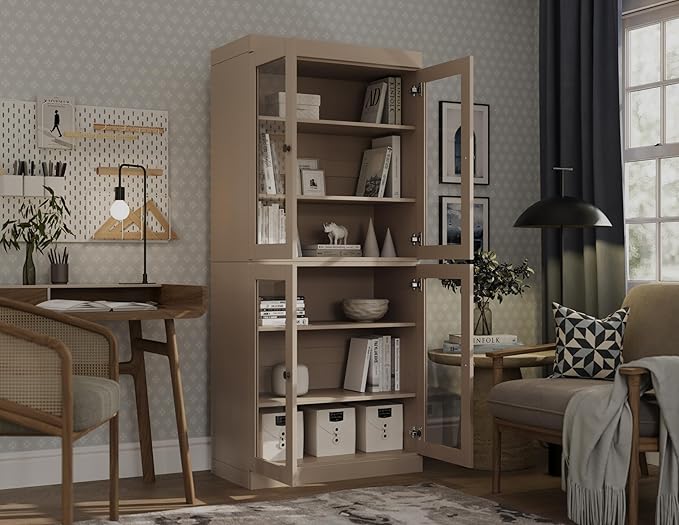 Palace Imports Solid Wood Bookcase - 6-Tier Tall Bookshelf, 71.5” H x 32” W - Beige, Clear Glass Cabinet Doors & Adjustable Shelves for Living Room, 100% Renewable Eco-Friendly Wood, Made in Brazil