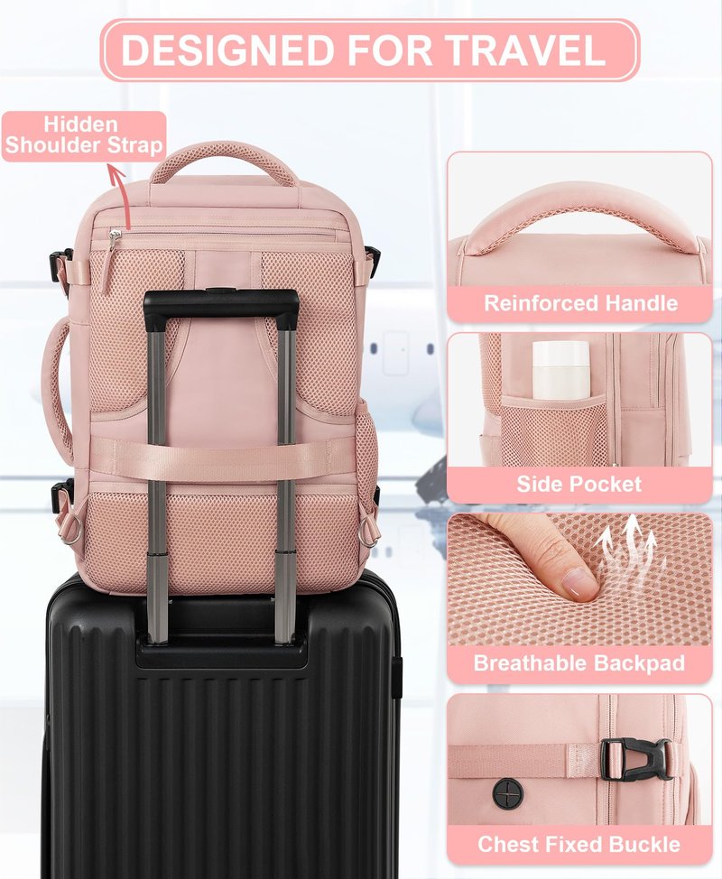 Beraliy Travel Backpack for Women Airline Approved Carry On Backpack, 16 Inch Business Work Backpack with Laptop Compartment, Airplane Personal Item Travel Bags for Trip, Underseat Weekend Bag, Pink