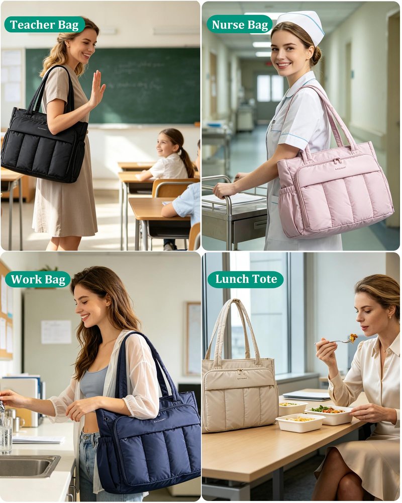 BAGSMART Laptop Tote Bag, Lunch Tote Work Bag with Lunchbox Compartment, Large Puffer Teacher Nurse Tote Large Shoulder