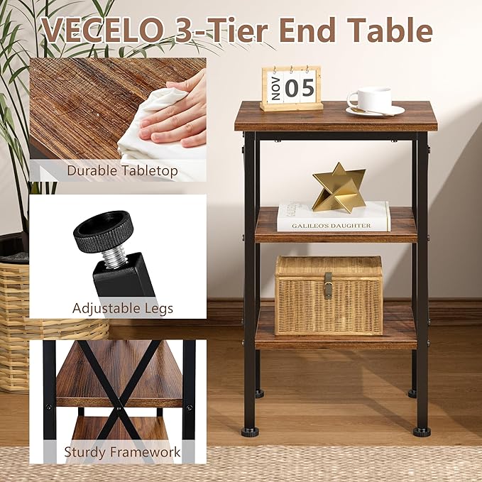 VECELO End Table, Bedside Table, 24" Tall Living Room End Tables, X-Design Reinforced Nightstands, Side Table with 3-Tier Storage Shelves for Small Spaces, Office, Bathroom, Bedroom, Rustic Brown