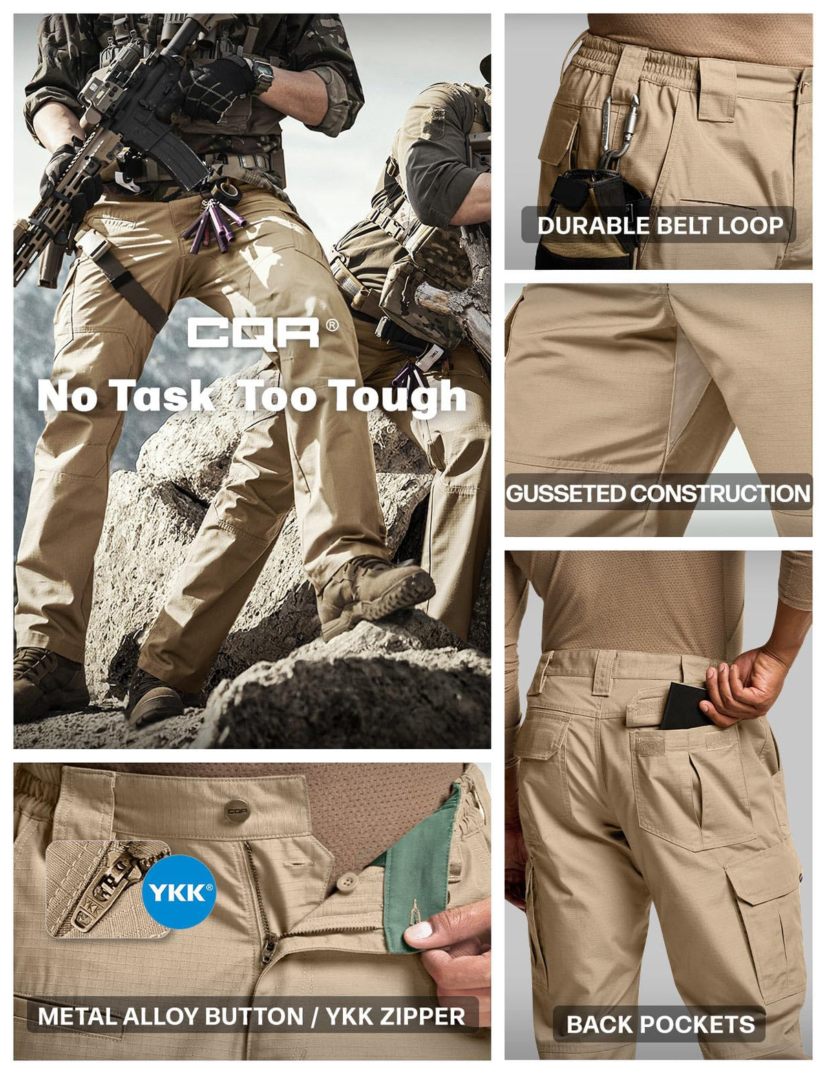 CQR Men's Tactical Pants, Water Resistant Ripstop Cargo Pants, Lightweight EDC Work Hiking Pants, Outdoor Apparel, Raider Khaki, 42W x 32L