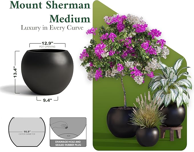 DTY Signature Mount Sherman Modern Indoor Outdoor Fiberstone Sphere Planter, Durable Round Garden Pot, Weather Resistant, Drainage Hole & Rubber Plug, Planter for Christmas Tree - Medium, Black