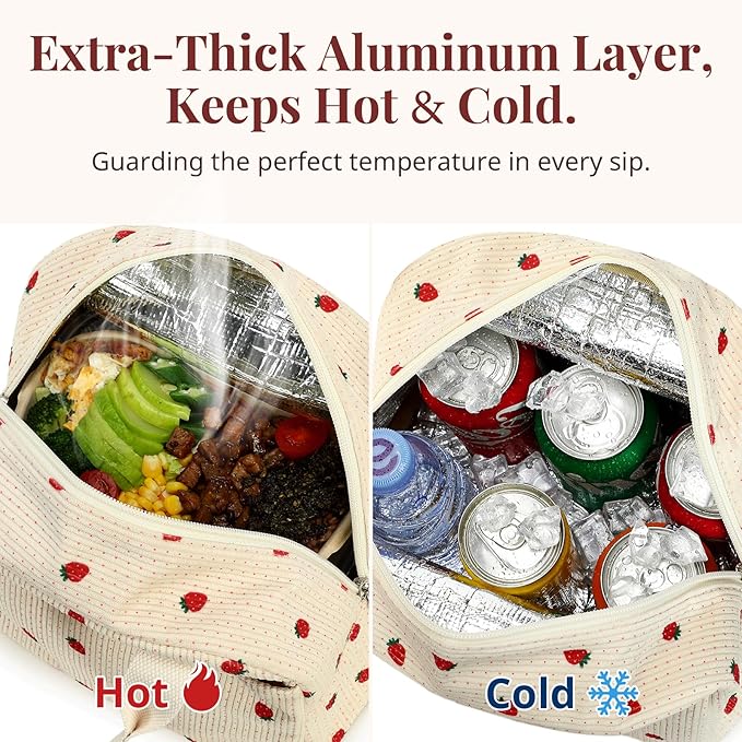 Insulated Floral Lunch Bag for Women, Stylish Corduroy Tote with Aluminum Lining, Large Capacity Reusable Cooler for Work, Travel, Beach or Picnic, Creamy Floral Water-Resistant Lunch Box
