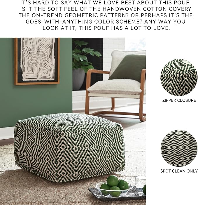 Signature Design by Ashley Abacy Casual Square Handwoven Pouf with Geometric Pattern, Green & Beige