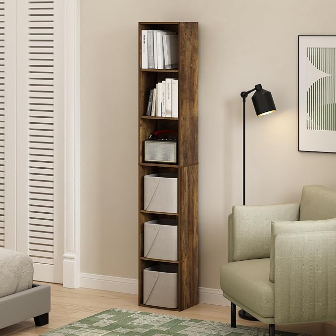 Furinno LUDER Book Shelf, 6-Tier Tall Modern Bookshelf, Bookcase with Open Shelves, 9.3 x 12 x 71, for Living Room, Bedroom, Home Office, Amber Pine