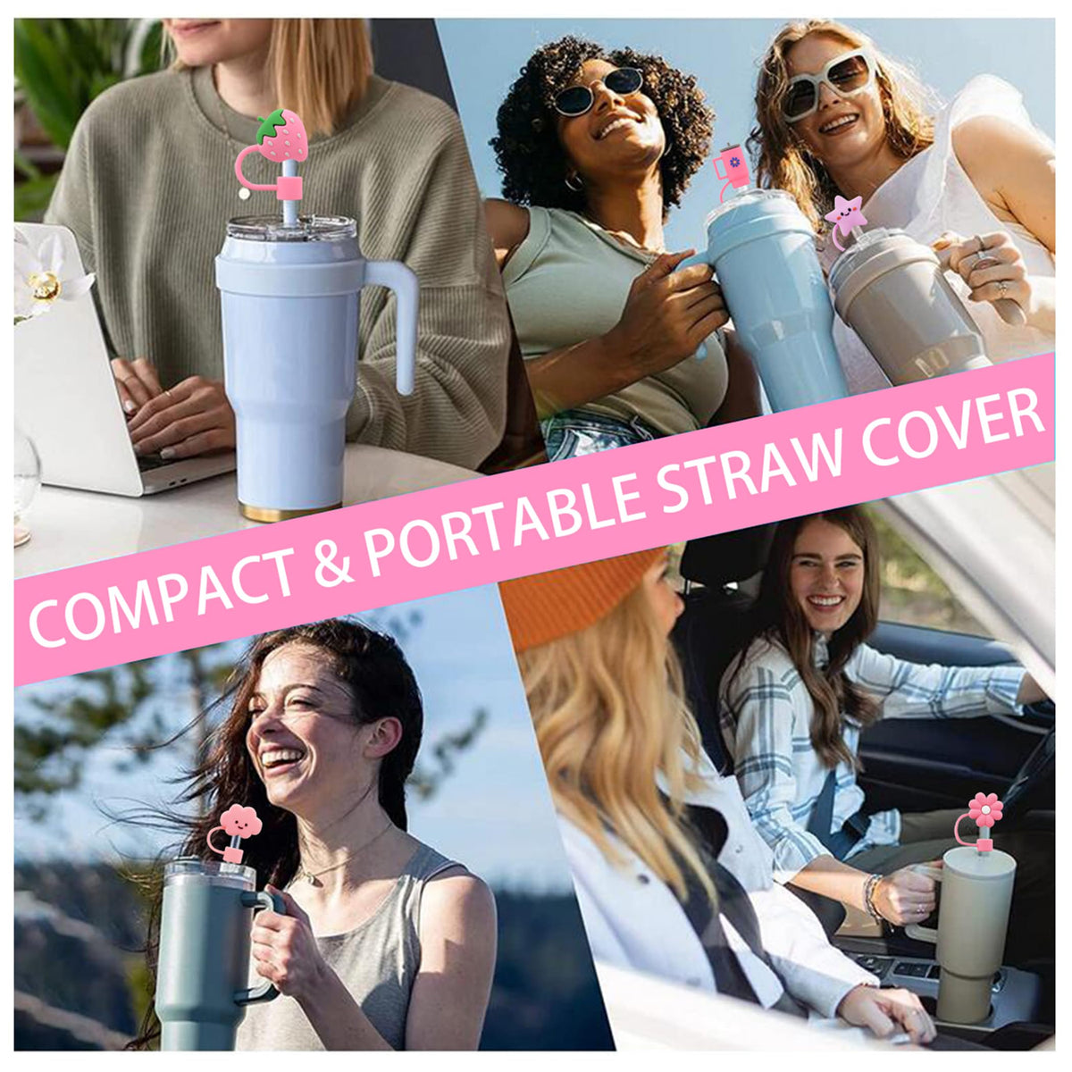 Meitesti Cover Cap for Stanley Cups, Topper Compatible with 30 & 40 Oz Tumblers, Reusable Dust-Proof Silicone Lids, Drinking Straw Covers, 6pcs All Pink