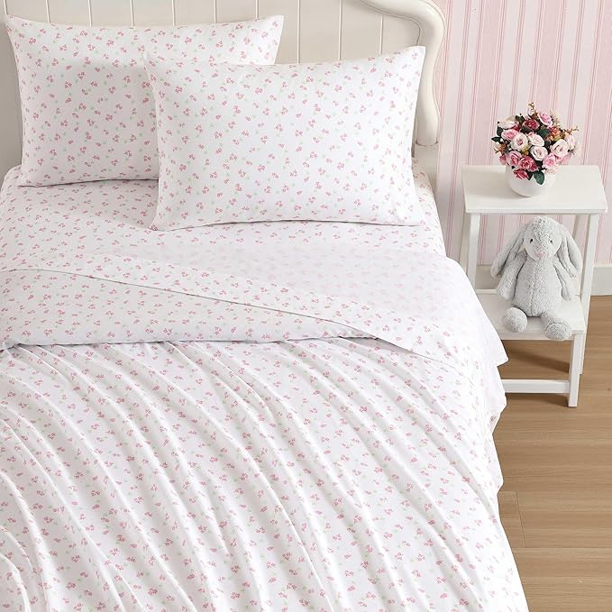 Laura Ashley - Kids Sheet Set, Ultra-Soft & Breathable Toddler Bedding with Matching Pillowcases, Wrinkle-Resistant, Ideal Girl Room Essentials (Busy Bee Pink, Full)