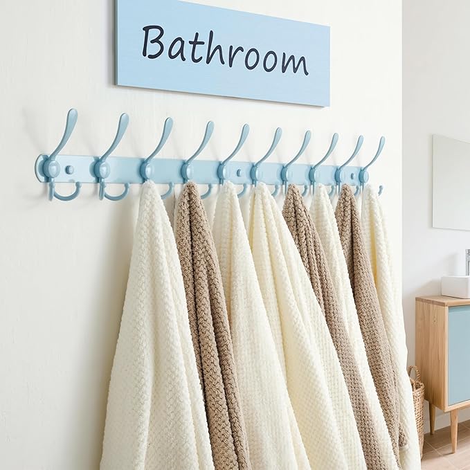 Dseap Coat Rack Wall Mount - 38” Long 10-Tri-Hooks Heavy Duty Coat Hanger Rail Wall Hooks for Hanging Coats Hats Clothing Clothes Purse Mudroom Entryway, Blue
