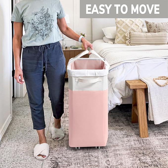 Goodpick Laundry Basket with Wheels, 75L Tall Clothes Hamper, Large Laundry Basket with Removable Wash Bag for Corner Dorm, Rolling Hamper, Pink&White