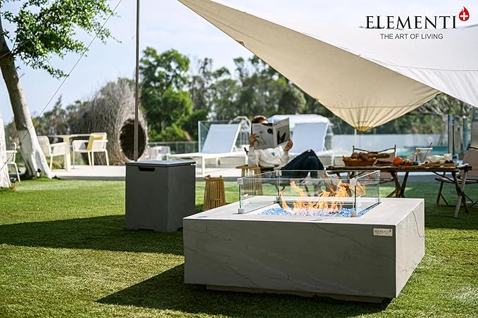 Elementi+ | Capertee Gas Fire Pit Cast Concrete 40" Square Fire Table, Outdoor Fire Pit Electronic Ignition | Canvas Cover, Fire Glass and Burner Lid Included | Light Gray | Natural Gas