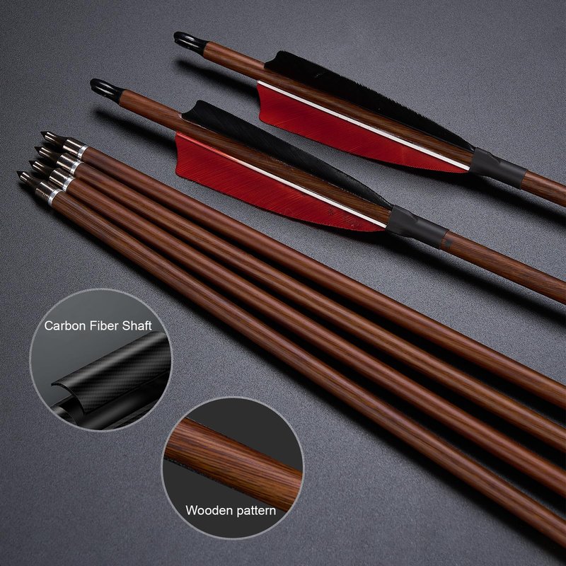 TOPARCHERY Premium 30" Carbon Hunting Arrows with 4" Real Turkey Feathers Fletching and Removable Tips - 500 Spine Practice Target Arrows for Compound & Recurve Bow Long Bow -12Pcs (Wood Pattern)