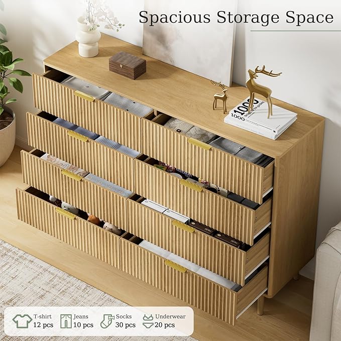 LYNSOM Fluted 8 Drawer Dresser for Bedroom, 55" Wide Modern Chest of Drawers with Curved Profile Design and Metal Handles, Wood Dresser TV Stand & Storage Organizer for Bedroom, Hallway, Oak