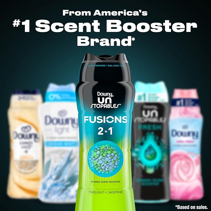 Downy Unstopables Fusions Scent Duos Laundry Scent Booster Beads, Twilight and Jasmine Scent, 21.1 OZ, 24hr non-stop freshness with 2 in 1 dual scent laundry scent beads