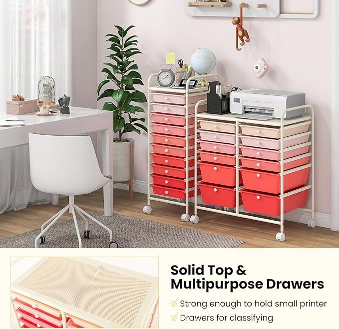 COSTWAY 12-Drawer Rolling Storage Cart, Moveable Art Craft Organizer W/Lockable Wheels, Metal Shelf, Files Arrangement Tools Makeup Storage Cart for Office, Home, School, Mixed Pink