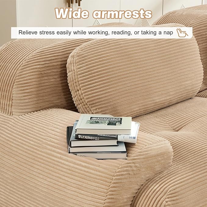 152" Modern Compressed Boneless Couch with Ottoman, 4 Seater Large U Shaped Sectional Couches for Living Room, Camel Corduroy Cloud Modular Sectional Sofa, Memory Foam, Extra Deep, No Assembly