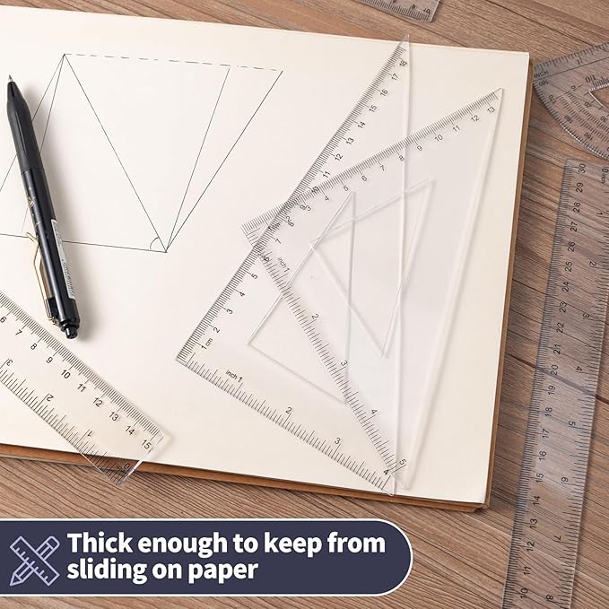 6-Piece Clear Math Geometry Set with 12-Inch and 6-Inch Rulers, 2 Triangles, 2 Protractors