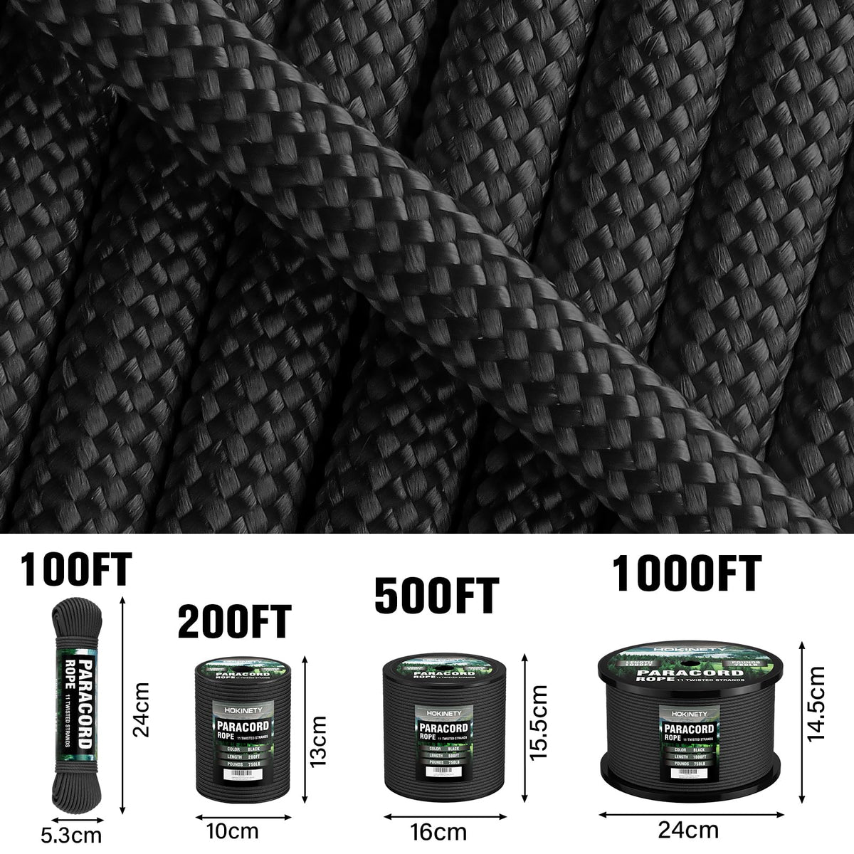 HOKINETY Paracord Rope 750 - Parachute para Cord 4mm 11 Strand Spool Rope Utility Nylon String for Outdoor Camping Survival Utility Tent Crafting DIY Projects - Black 100ft
