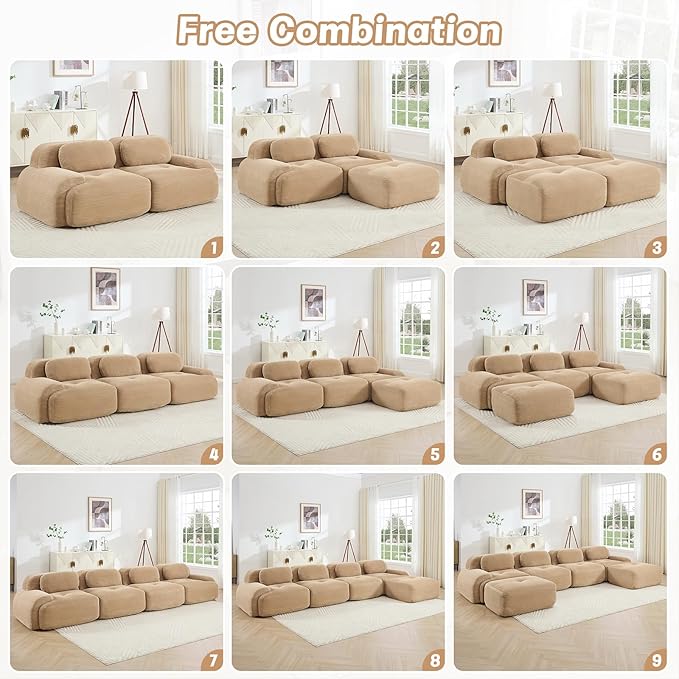 152" Modern Compressed Boneless Couch with Ottoman, 4 Seater Large U Shaped Sectional Couches for Living Room, Camel Corduroy Cloud Modular Sectional Sofa, Memory Foam, Extra Deep, No Assembly