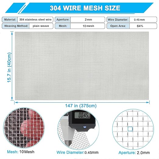 10 Mesh Stainless Steel Mesh Screen 304, 15.7'' x 147'' Metal Mesh Screen