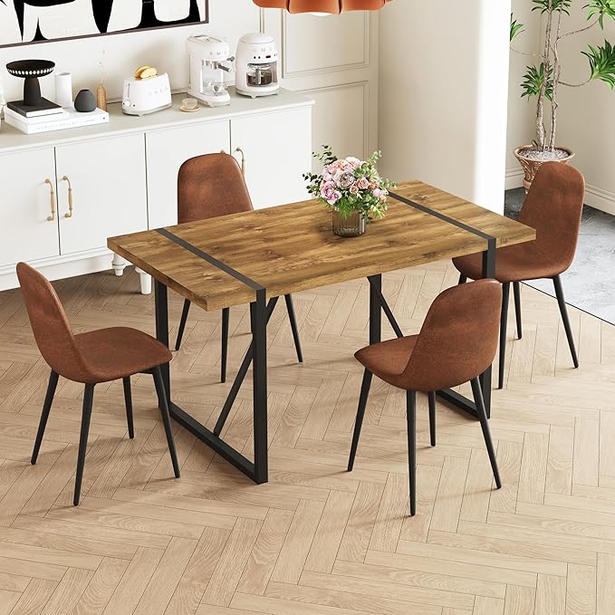 Rustic 5 Piece Dining Room Table Set for 4 People, Mid Century Modern 55 Inch Rectangle Wood Kitchen Dining Table with 4 Fabric Chairs Set, Suitable for Kitchen Dining Room