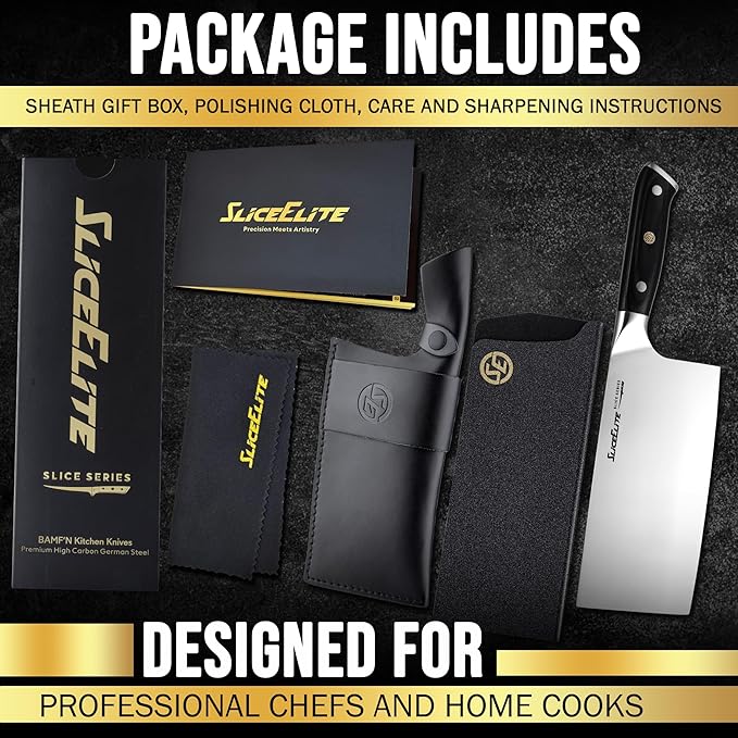 SliceElite Slice Series 7 Inch Cleaver Knife, Pakkawood, Leather Sheath