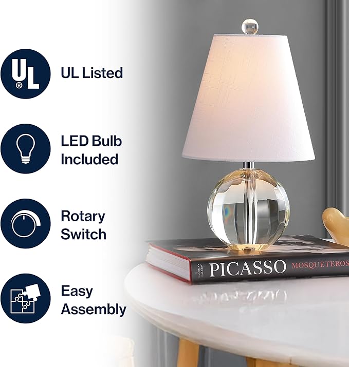 JONATHAN Y 16" Clear Crystal Ball LED Table Lamp, White Modern Bedside Lamp, with White Linen Empire Shade, Glam Orb Glass Nightstand Lamp for Living Room, LED Bulb JYL2079A