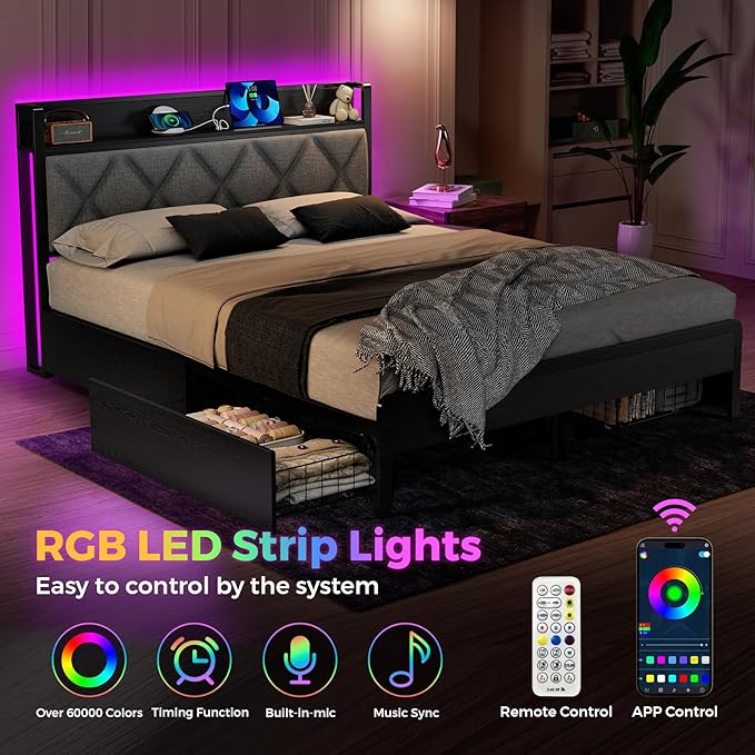 Bed Frame Queen Size with Charging Station and LED Lights, Upholstered Storage Headboard with 4 Drawers, Heavy Duty Metal Slats, Noise Free, Easy Assembly, No Box Spring Needed