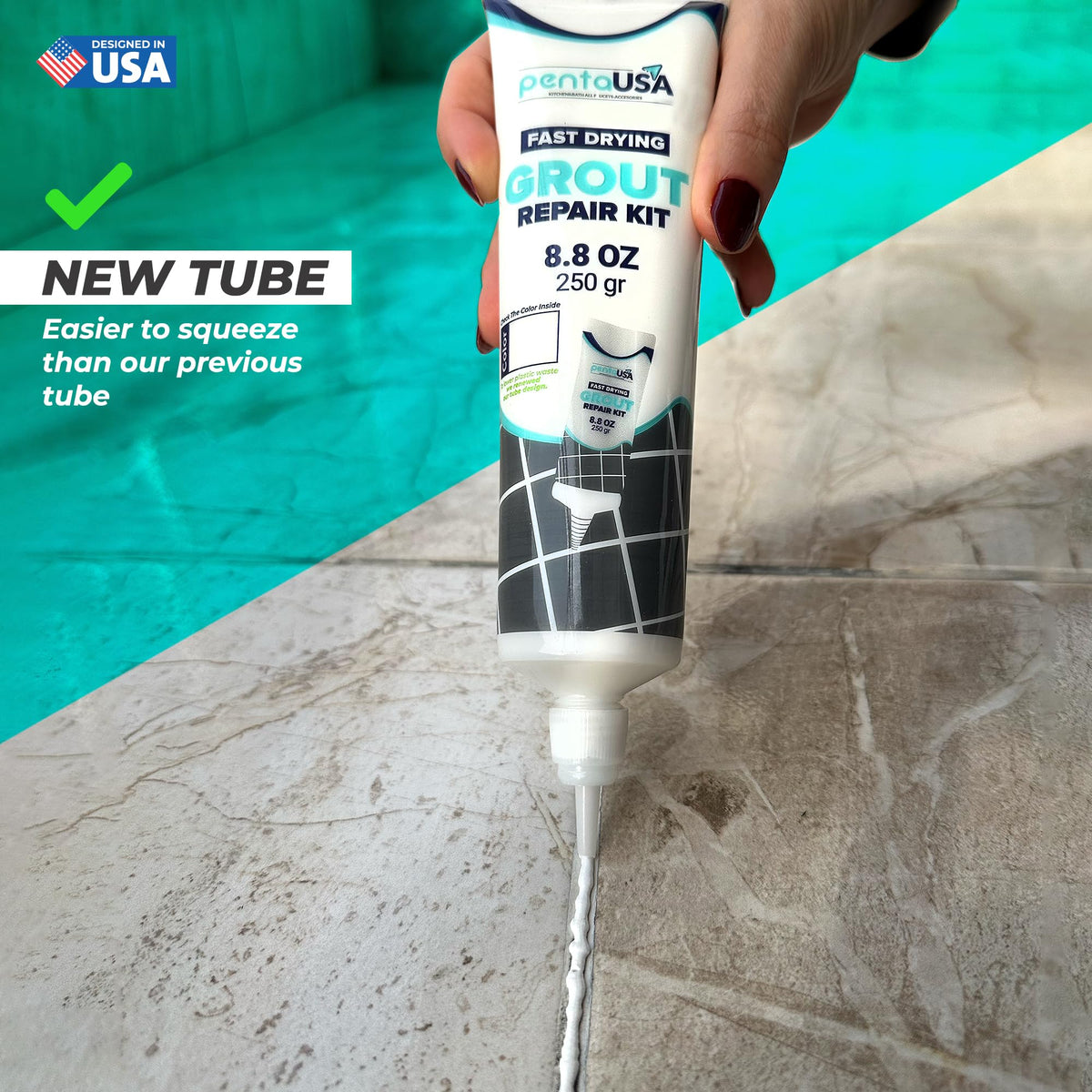 PentaUSA Tile Grout Repair Kit with Removal Tool - Premixed Acrylic Sanded Grout Filler for Bathroom, Shower, and Kitchen, Includes Applicator Spatula, and Sponge - White (8.8oz / 250g)