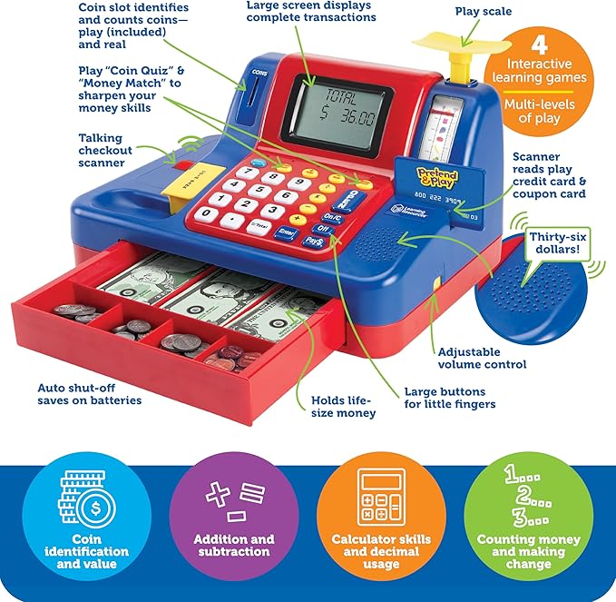 Learning Resources Pretend & Play Teaching Cash Register - Math Games, Shopping Grocery Store Playset, Fine Motor Skills, Gifts For Boys and Girls