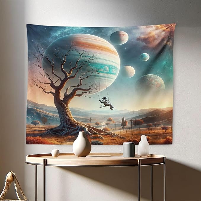 Ambesonne Space Tapestry, Scene of a Lonely Astronaut on a Swing in an Unknown Galaxy Among Planets and Trees, Fabric Wall Hanging Decor for Bedroom Living Room Dorm, 28" X 23", Teal Ginger