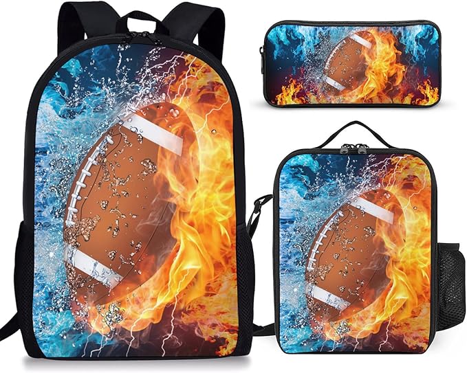 3PCS Football Backpack Set for Boys, Lightweight Large Backpack with Lunch Box & Pencil Case, Cool Sport Bookbag for Kids, Back to School Backpacks for Elementary & Middle School - 02
