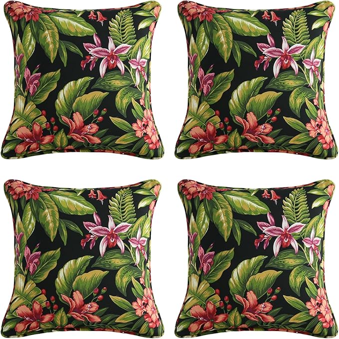 Outdoor Decorative Pillows Pack of 4, 18" x 18" Outdoor Pillow Set for Couch Bed Throw Patio Sofa, Red Flower Green Leaf