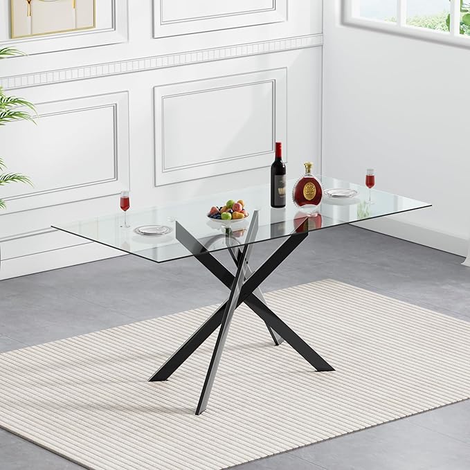 51" Rectangular Glass Dining Room Table for 4 with Tempered Glass Top and Black Metal Legs, Modern Clear Kitchen and Dinner Table for Home Office Dining Room