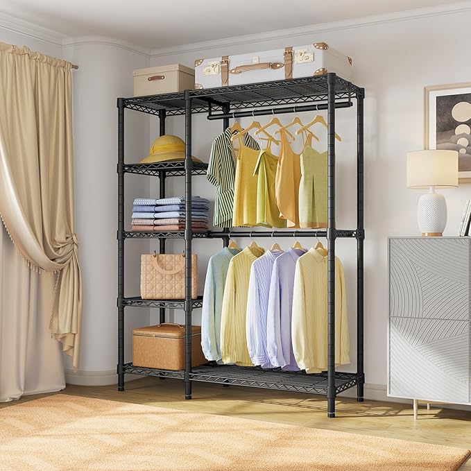 VIPEK V7 Garment Rack for Hanging Clothes Heavy Duty Clothes Rack with Shelves, Portable Closet Racks Metal Clothing Racks 5 Tiers Freestanding Closet Wardrobe System, Max Load 670lbs, Black