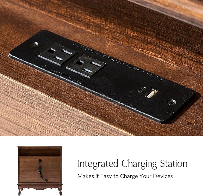 HULALA HOME Transitional Side Table with 3 Drawers and Charging Station, 28" Solid Paulownia Wood Sidetable with Vertical Stripe, Walnut