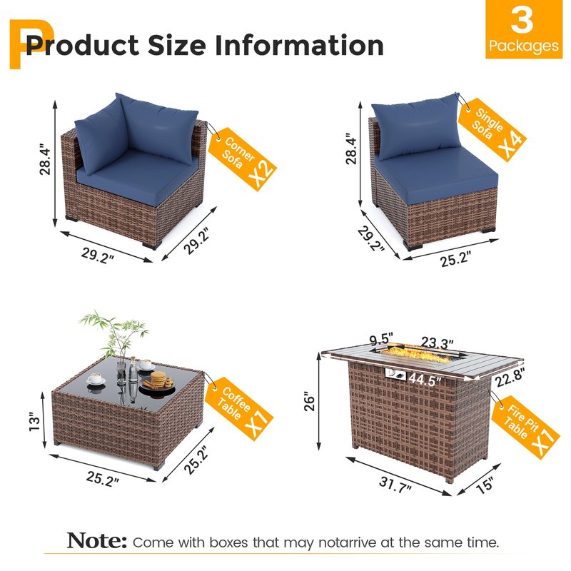 UDPATIO Furniture Set with Fire Pit Table, 8 Piece Sectional Sofas, All-Weather Wicker Conversation for Garden, Backyard, Navy Blue