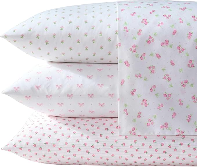 Laura Ashley Kids - Twin XL Sheet Set, Soft & Wrinkle-Resistant Toddler Bedding Set, Deep Pockets, Girl Bed Sheets with Matching Fitted Sheet & Pillowcase (Sweet Lady Bugs Pink)