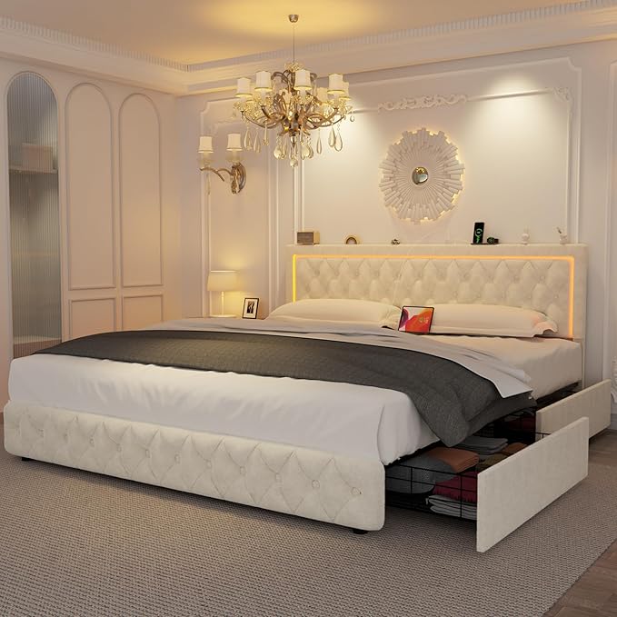 Queen Bed Frame with 4 Storage Drawers, Velvet Upholstered Bed Frame Queen Size with Charging Station and LED Lights, 46" Adjustable Button Tufted Headboard, No Box Spring Needed, Beige