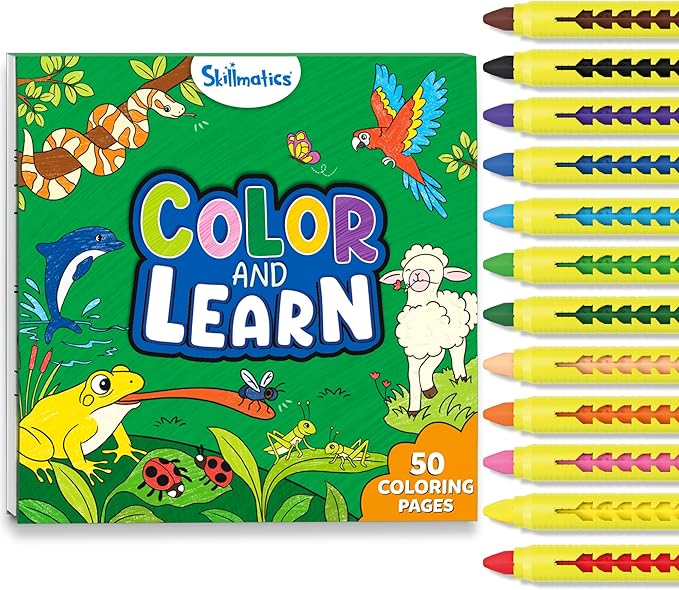 Skillmatics Color & Learn Activity Book – Learn 160+ Animals, 12 Retractable Mess-Free Crayons & 50 Pages, Educational Gift for Toddlers and Preschoolers Ages 3, 4, 5, 6