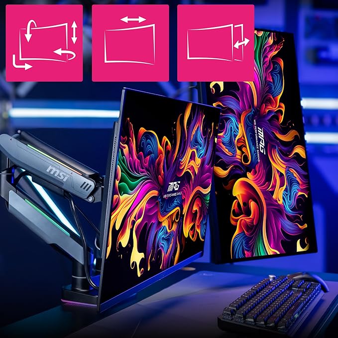 MSI MPG MT201DR V2-Premium RGB Dual Monitor Stand Arms,17-35" Support,VESA Compatible,Adjustable Heavy Duty Gas Spring Mount,44 lbs per Screen Capacity,Clamp&Grommet,Quick Release Plate-Gray
