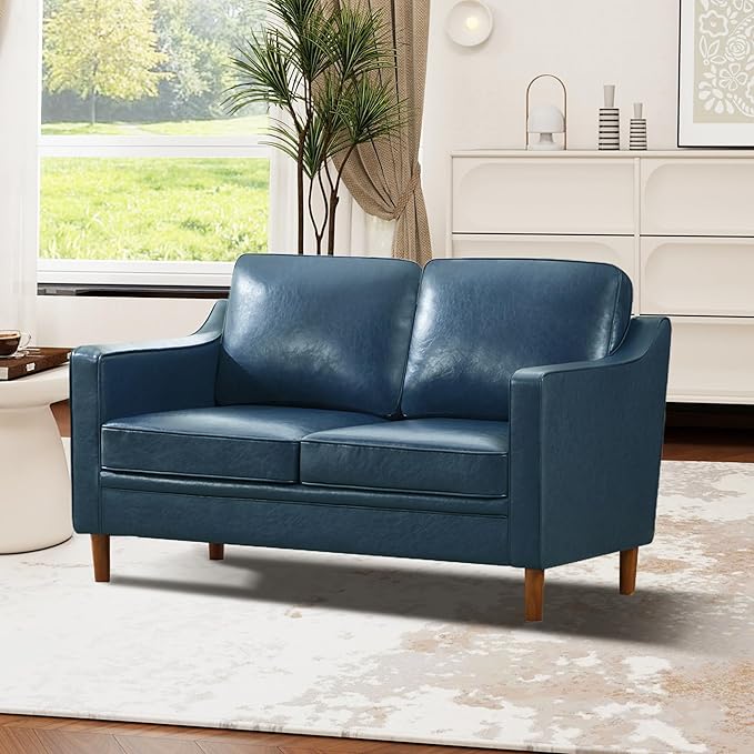 Kingfun 56" Faux Leather Sofa, Loveseat Couch, Mid Century Modern Love Seat Couches with Solid Wood Frame for Living Room & Bedroom, Royal Blue