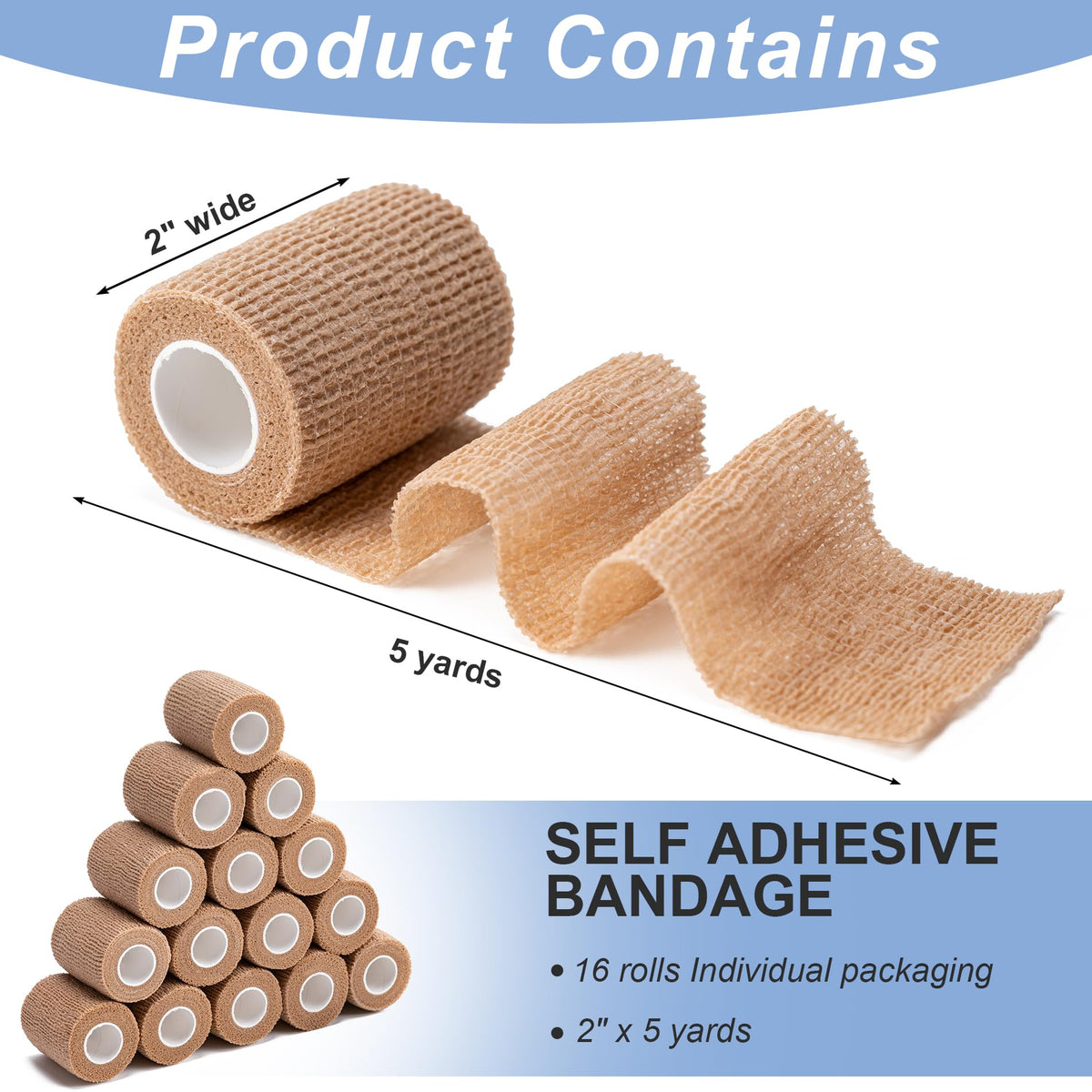 16 Pack Self Adhesive Bandage Wraps, 2" X 5 Yards Elastic Bandage Wrap