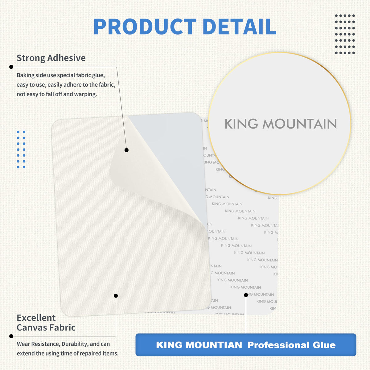 KING MOUNTAIN Canvas Repair Patch 9 x11 Inch 2 Pcs Self-Adhesive Waterproof Fabric Patch for Sofas, Tents, Furniture,Tote Bags, Car Seats (Off White)